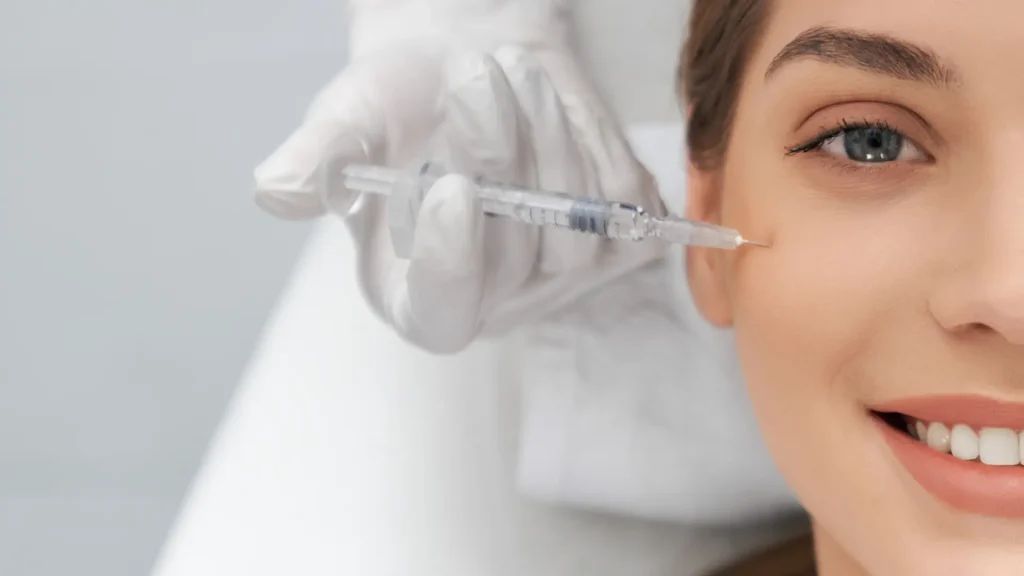A patient receiving an injection in their mid-face region.