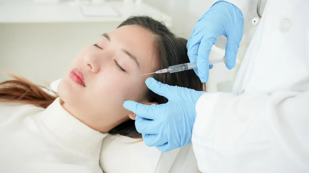 An individual receiving a filler injection in their eye region.