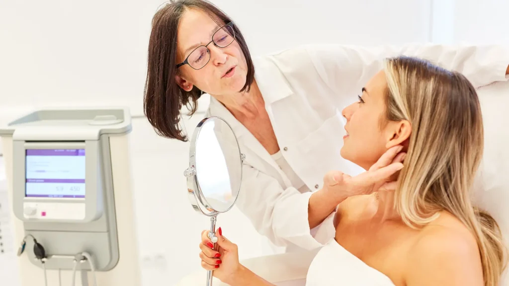 A doctor and patient consultation about their facial skin and treatment.