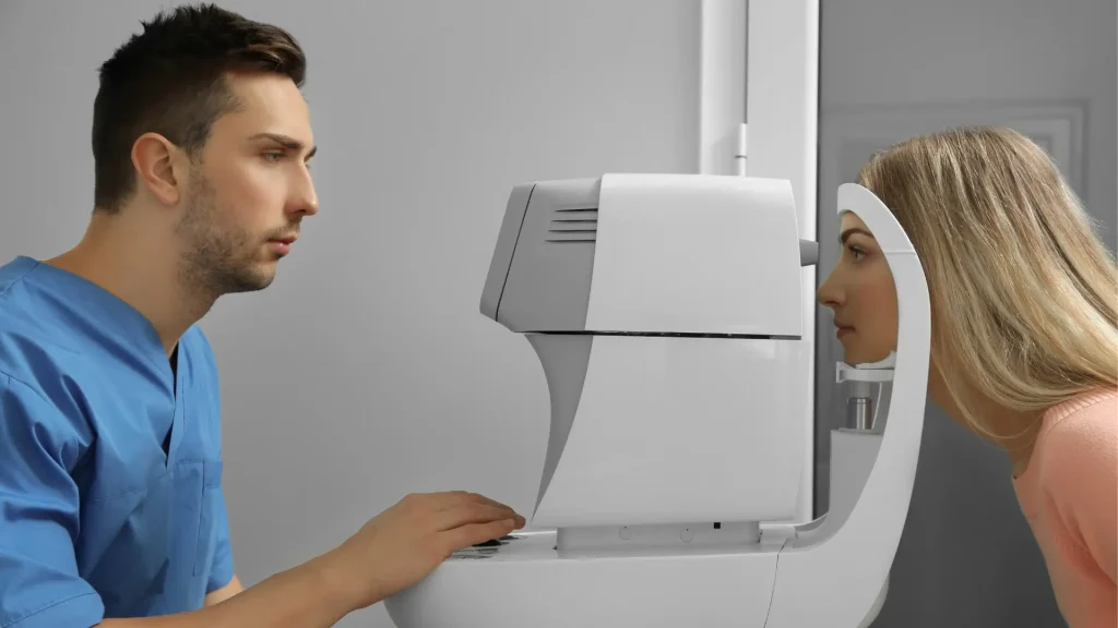 A patient undergoing an eye evaluation with a medical professional.