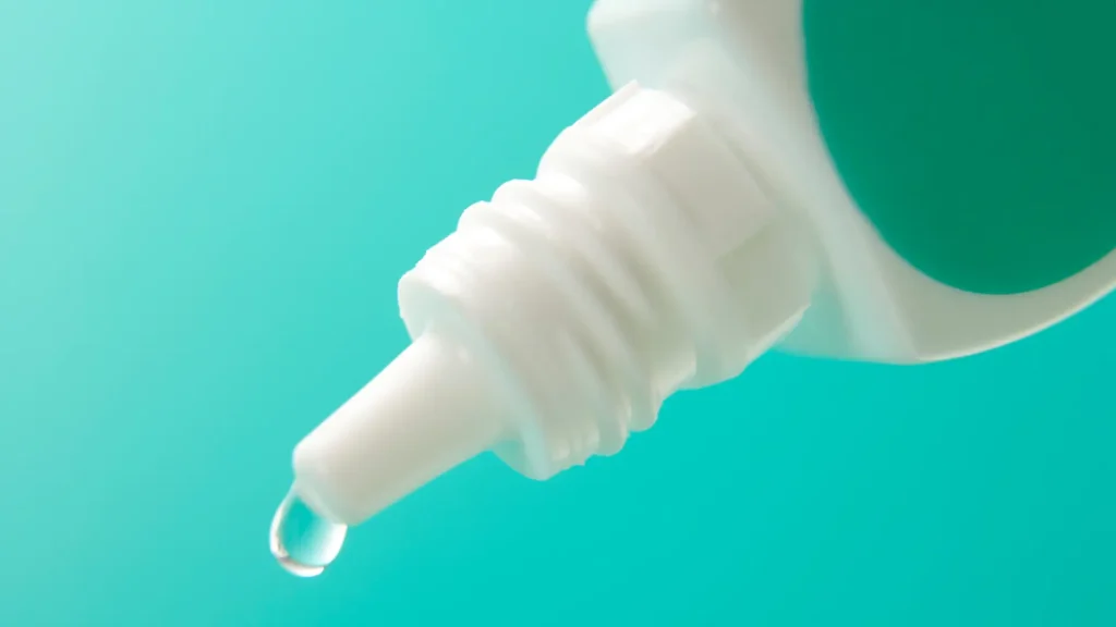 A close-up shot of an eye drop solution.
