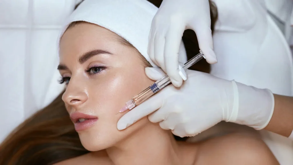 An individual receiving an injection for their face region.