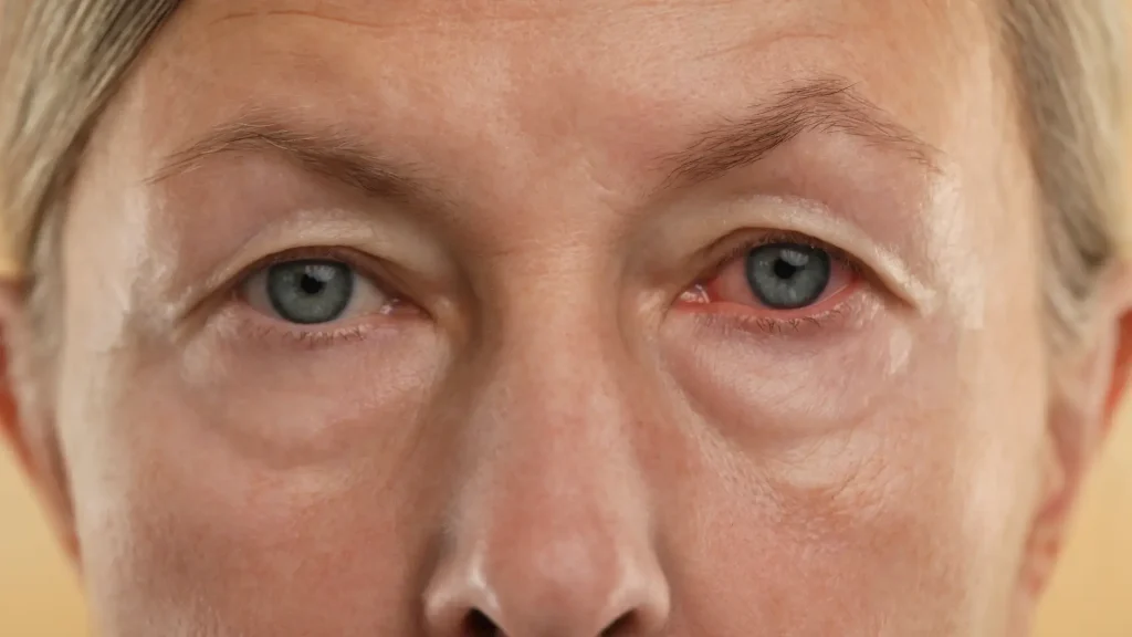 An older individual suffering from eye redness.
