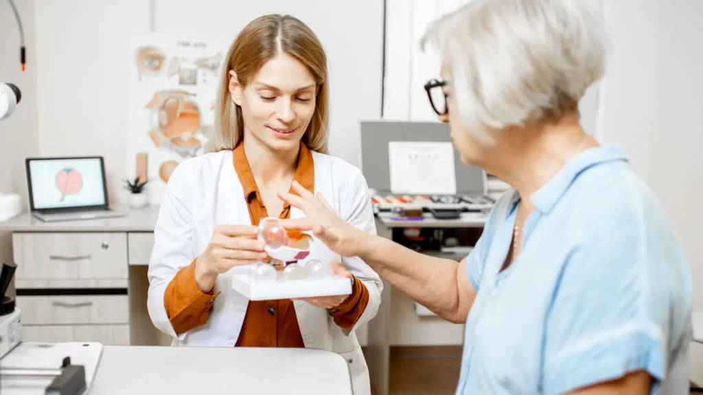An elderly woman during a consultation with an opthalmologist.