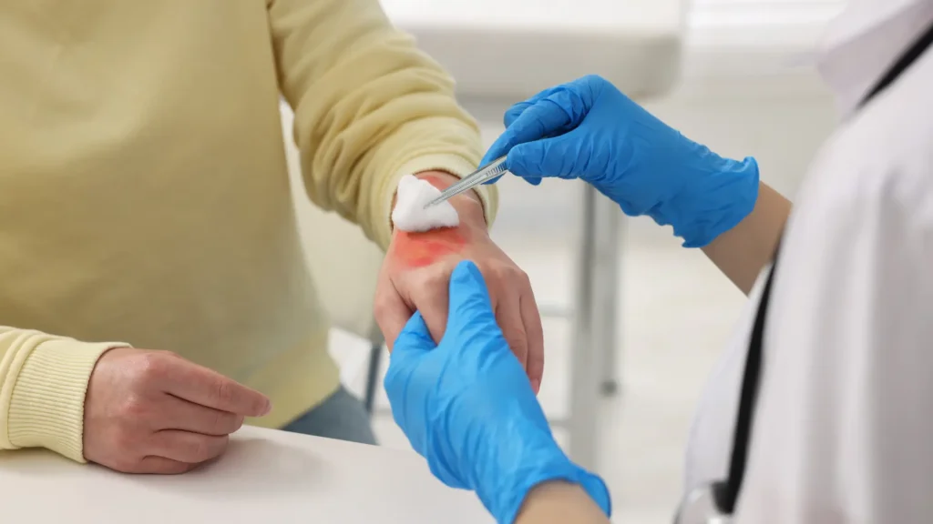 A medical professional treating a patient's burned skin.