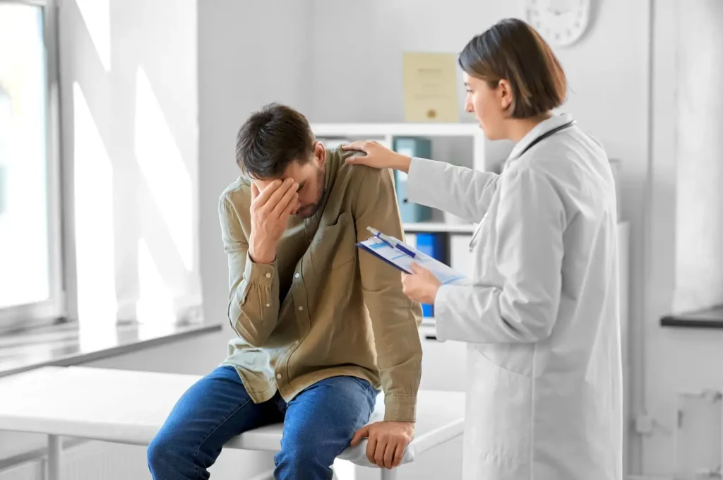 A patient dealing with dizziness during a consultation with a doctor. 