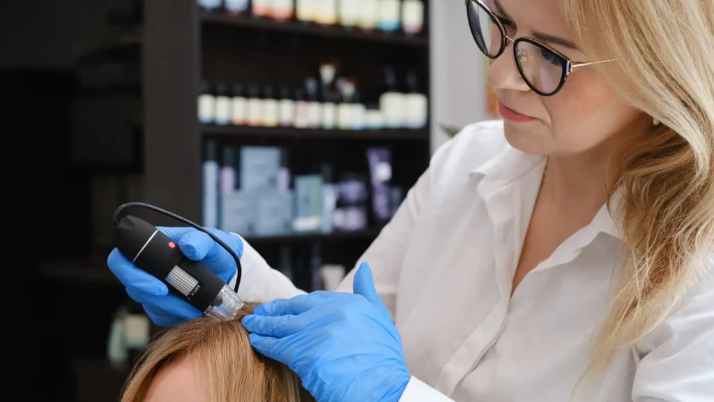 A trichologist checking a patient's hair and scalp.