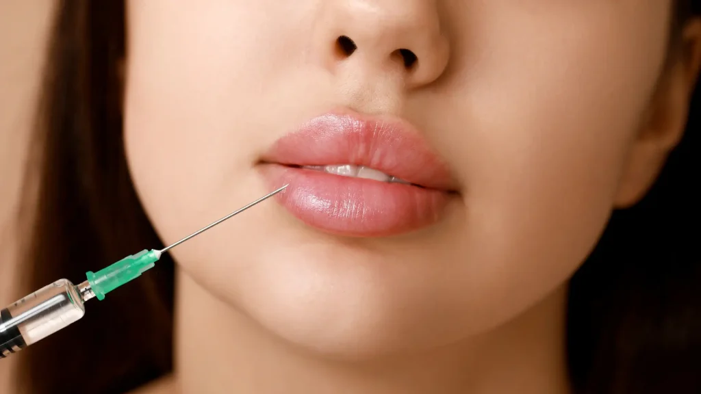 A close-up shot of a patient's lip before the injection process.