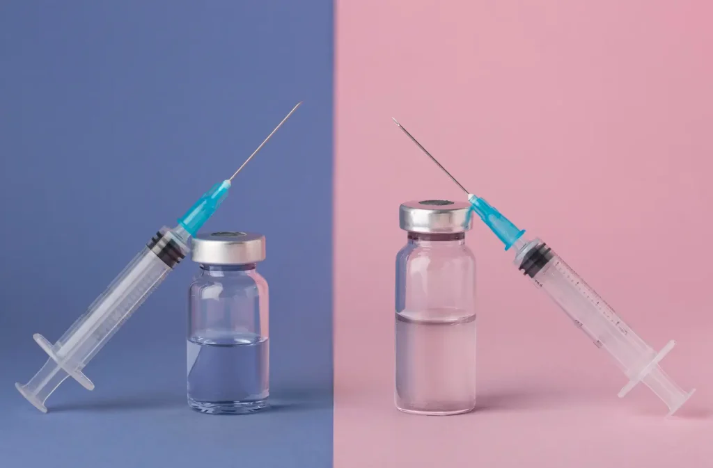 Two different vials and medical syringes.
