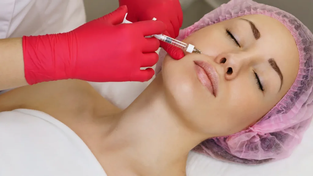 An individual receiving a minimally invasive injection to their facial region.