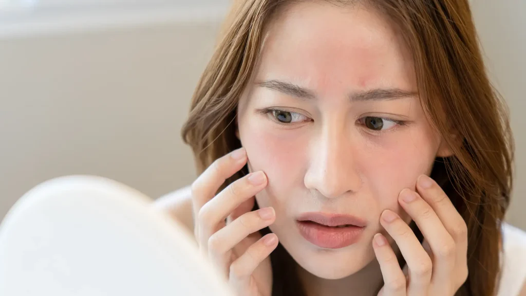 An individual worrying about the redness on their face.
