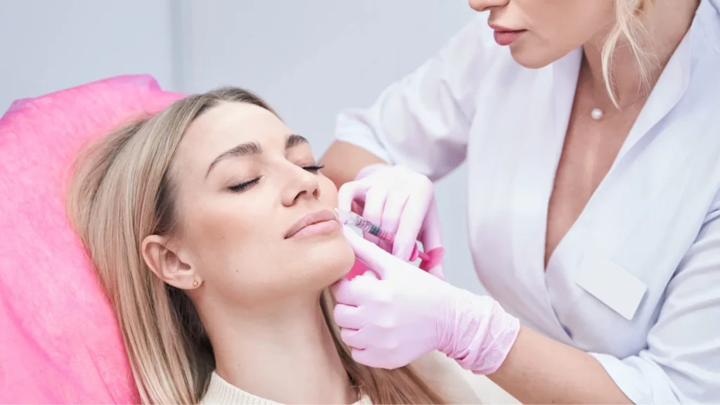 A medical professional administering an aesthetic injection for the patient's concerns.