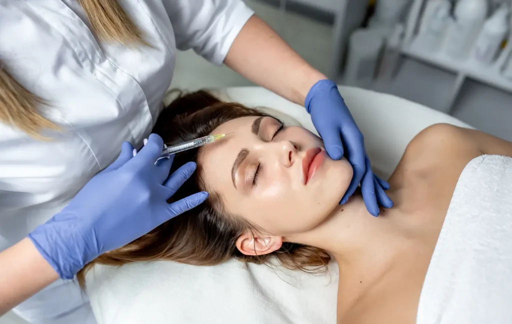 A medical professional administering an injection to a patient's forehead.