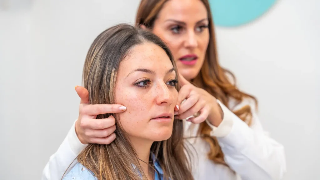 A patient undergoing a skin evaluation with a dermatologist.