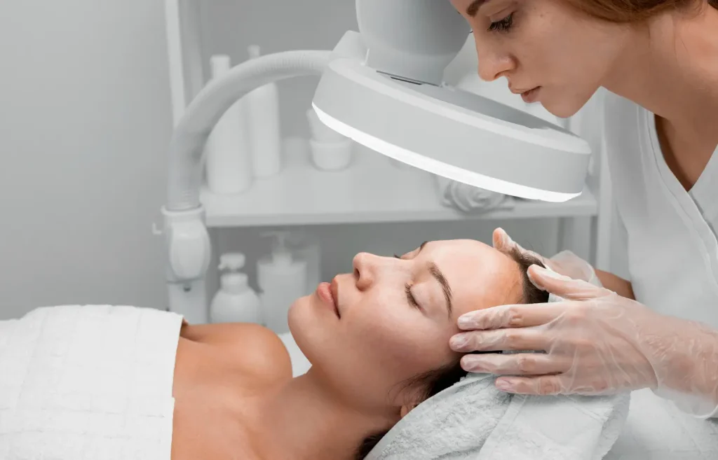 A female patient undergoing a facial evaluation.
