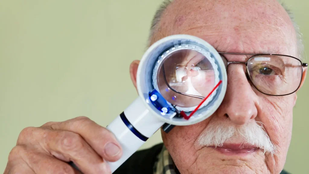 An older male individual dealing with macular degeneration.