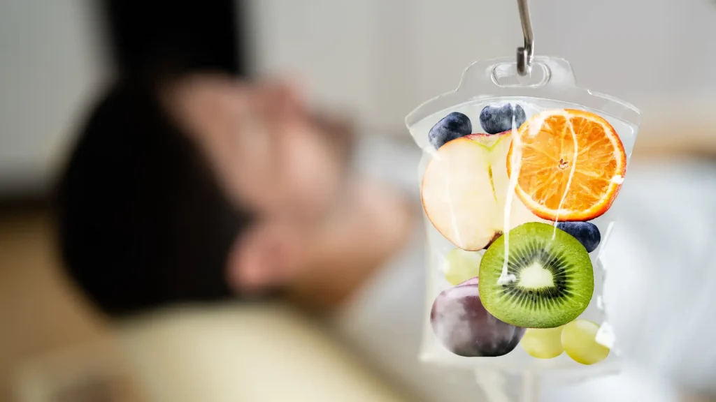 A creative illustration of what is in NAD IV therapy solution.