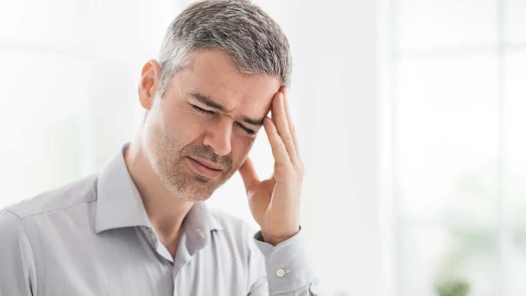 An individual dealing with a headache that may be associated as one of Xolair side effects.
