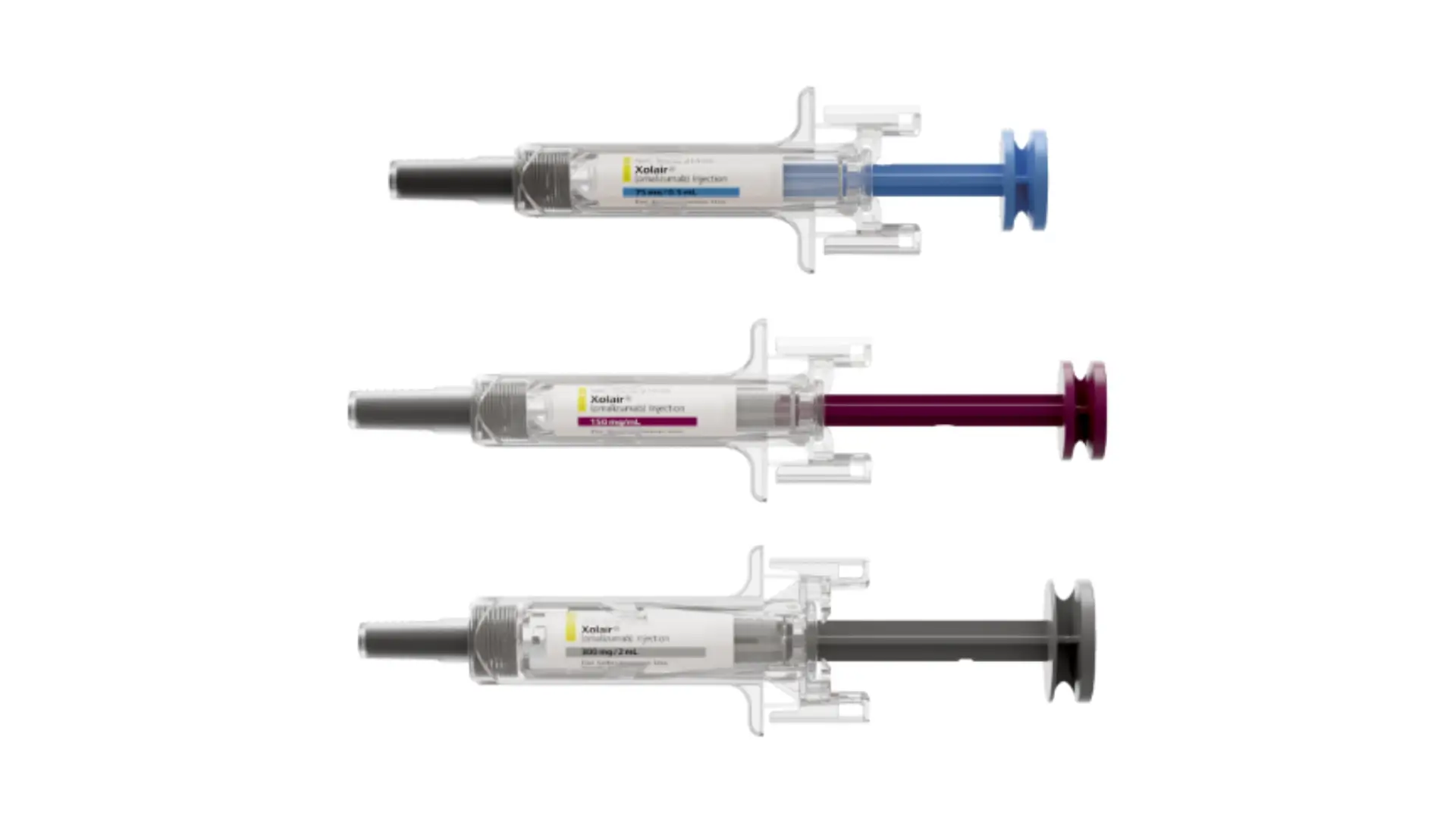 Actual photos of Xolair prefilled syringes with colored plunger rod having different Xolair dose.
