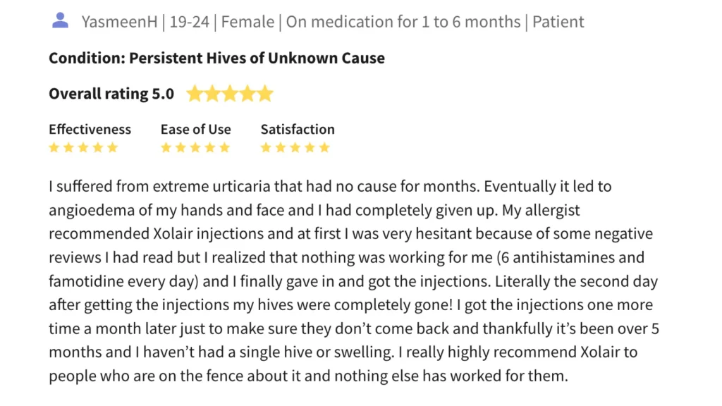 A patient sharing their successful Xolair treatment outcomes throughout their urticaria treatment.