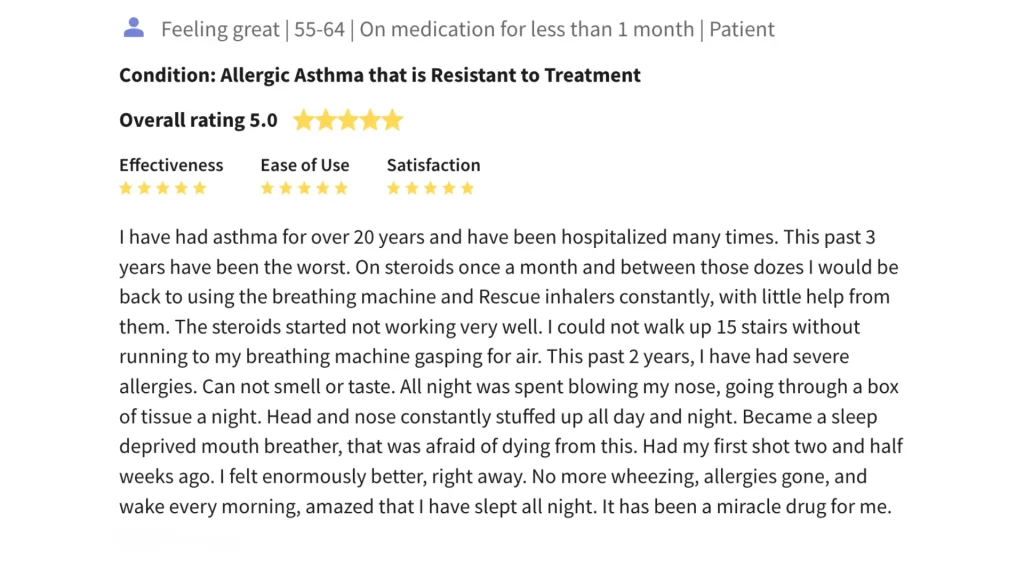 Among Xolair reviews, this patient shared their allergic asthma journey and the significant help of Xolair treatment for their condition.