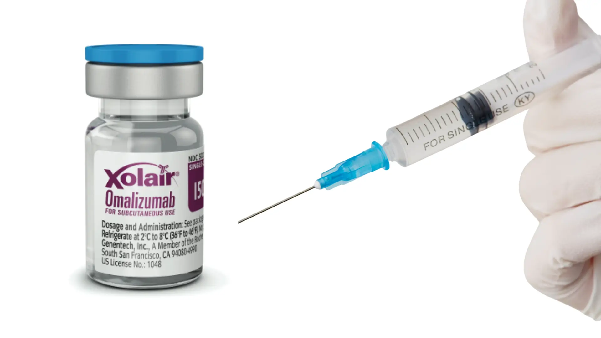 A close-up shot of Xolair injection vial and a healthcare professional holding a syringe.