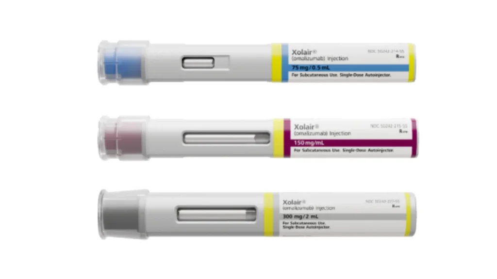 Three Xolair injection pens or Xolair autoinjectors that patients may use for self-administration.