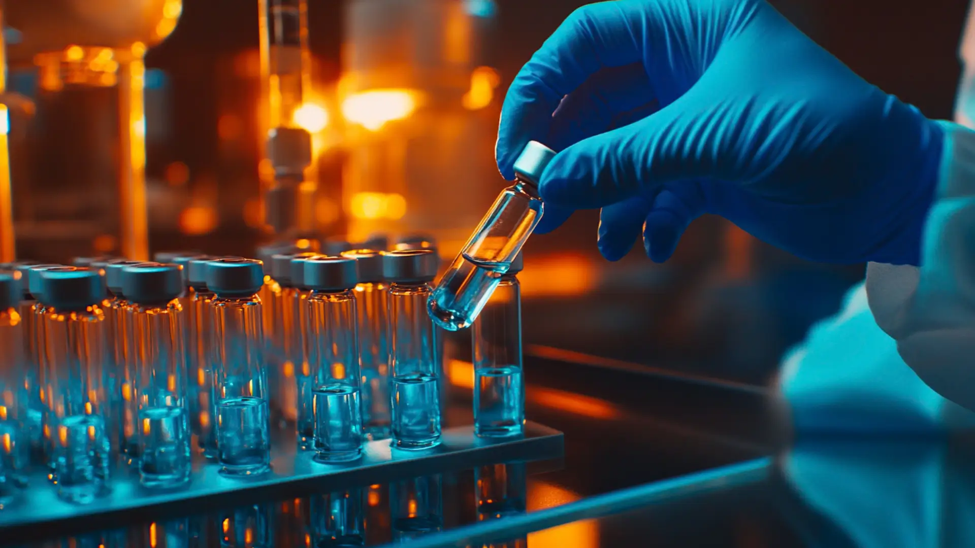 A couple of peptide vials, like CJC 1295 and Ipamorelin, in a laboratory