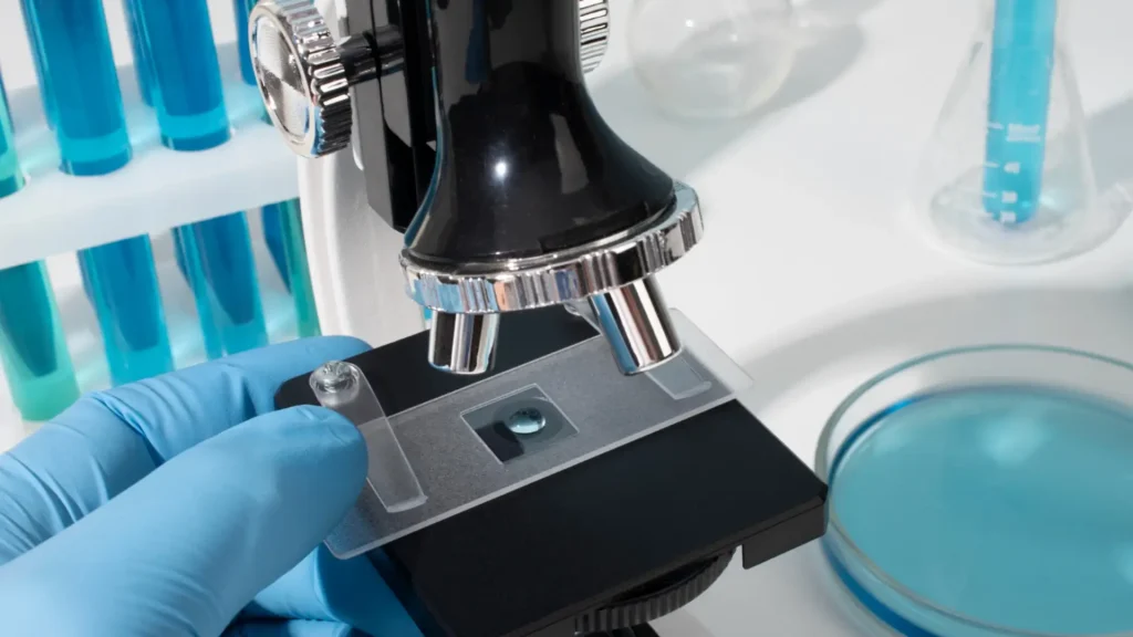 A view of a researcher working on a microscope of a peptide formulation, like Ipamorelin.