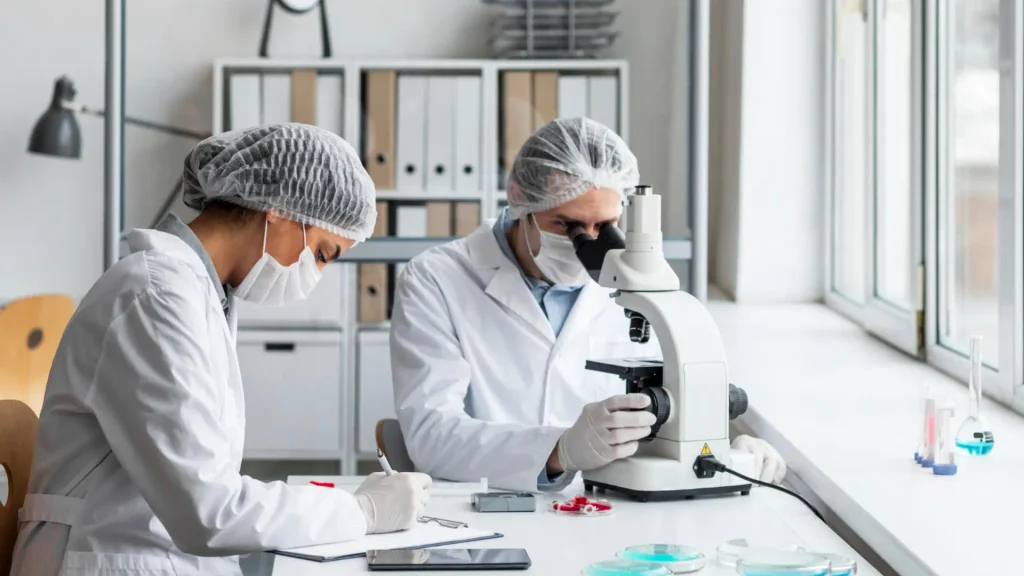 Researchers working on research peptides, such as CJC 1295 and Ipamorelin stack, in a laboratory
