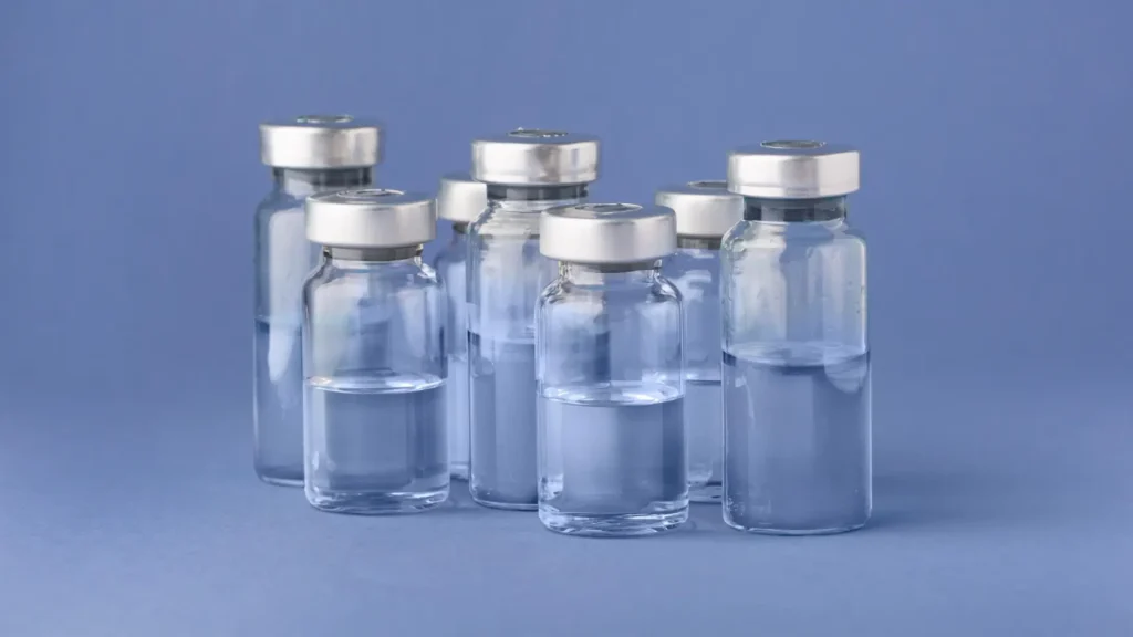 A couple of injection vials containing formulations, like retatrutide, semaglutide, or tirzepatide.