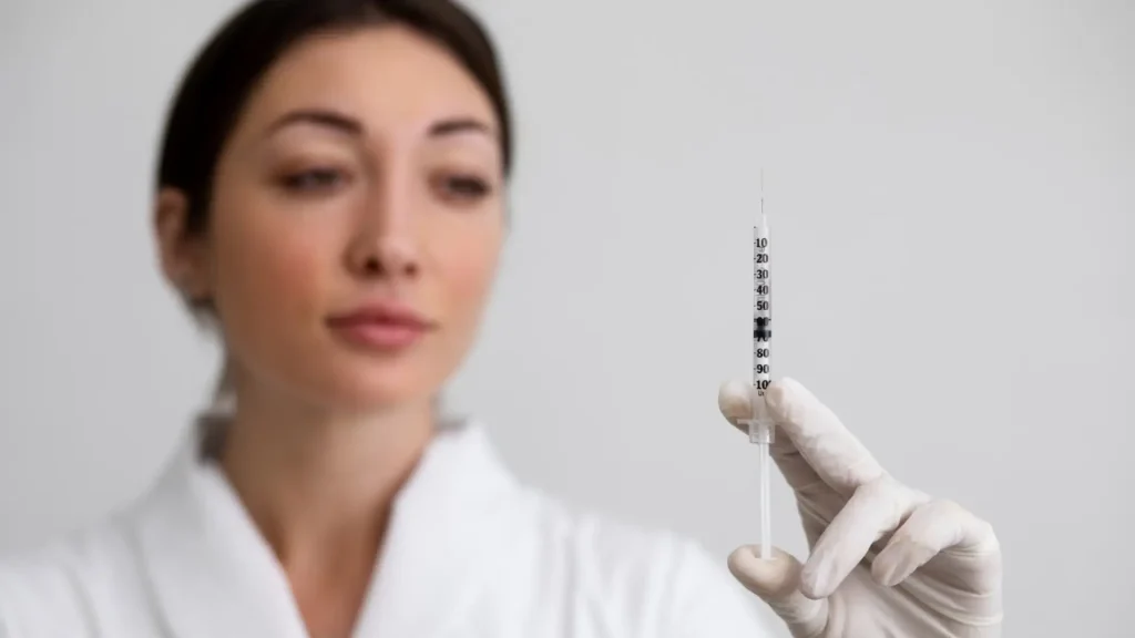A medical professional holding a botulinum toxin injection, like Botulax, before a treatment.